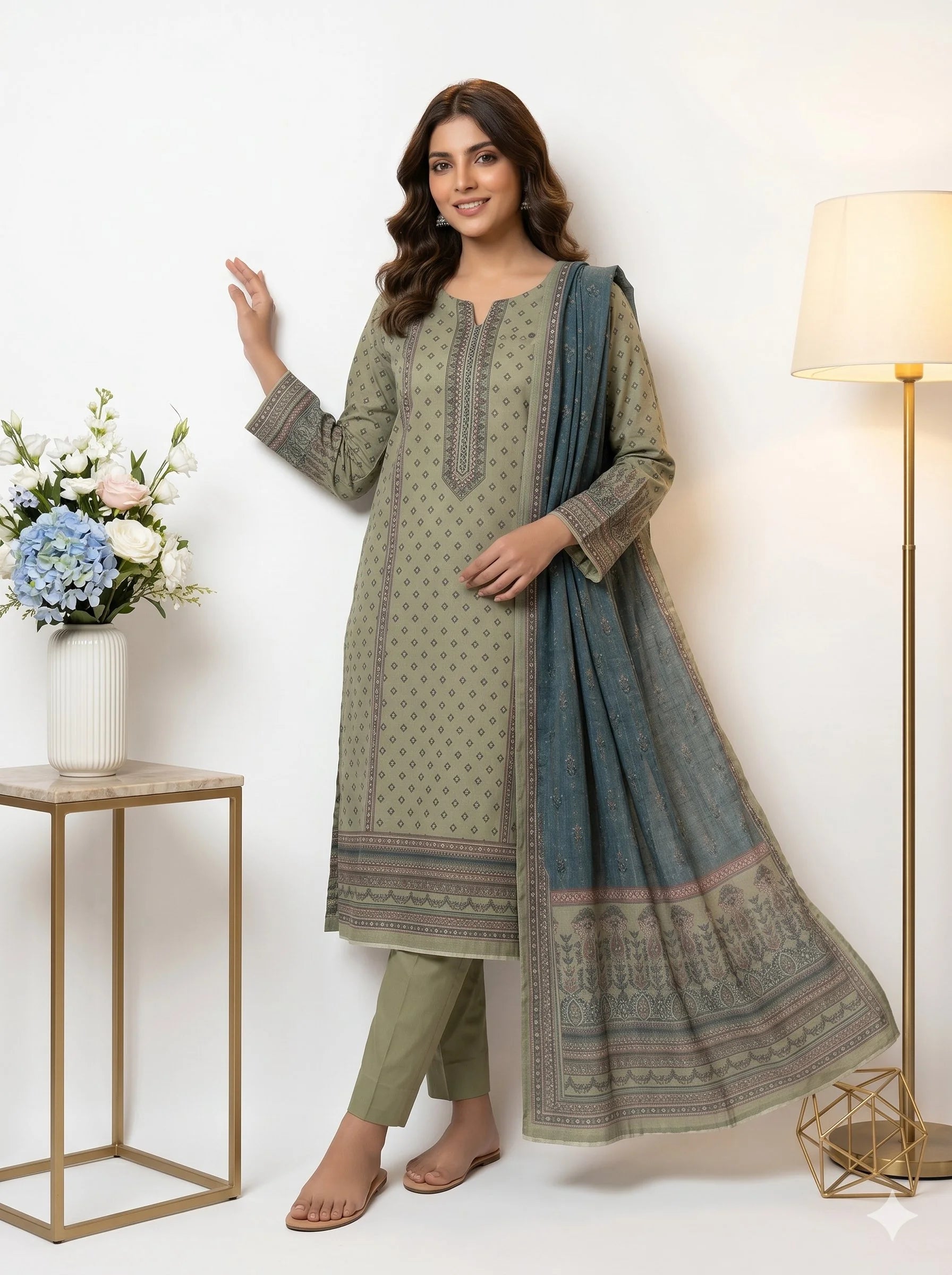 Woman in a green and blue traditional outfit standing in a room with a lamp and flowers.