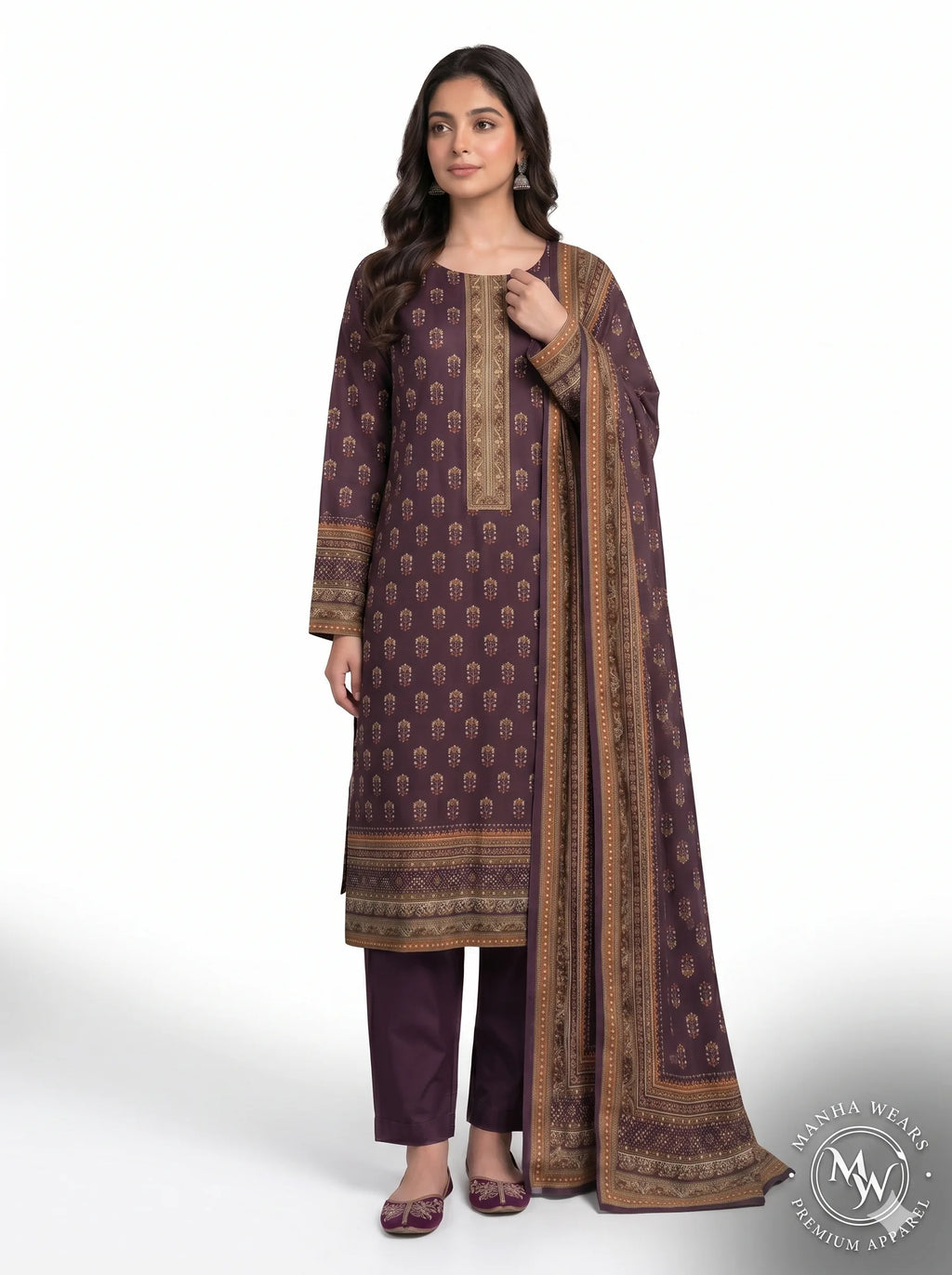 Deep Plum Mughal Motif Lawn — 3 Piece Unstitched