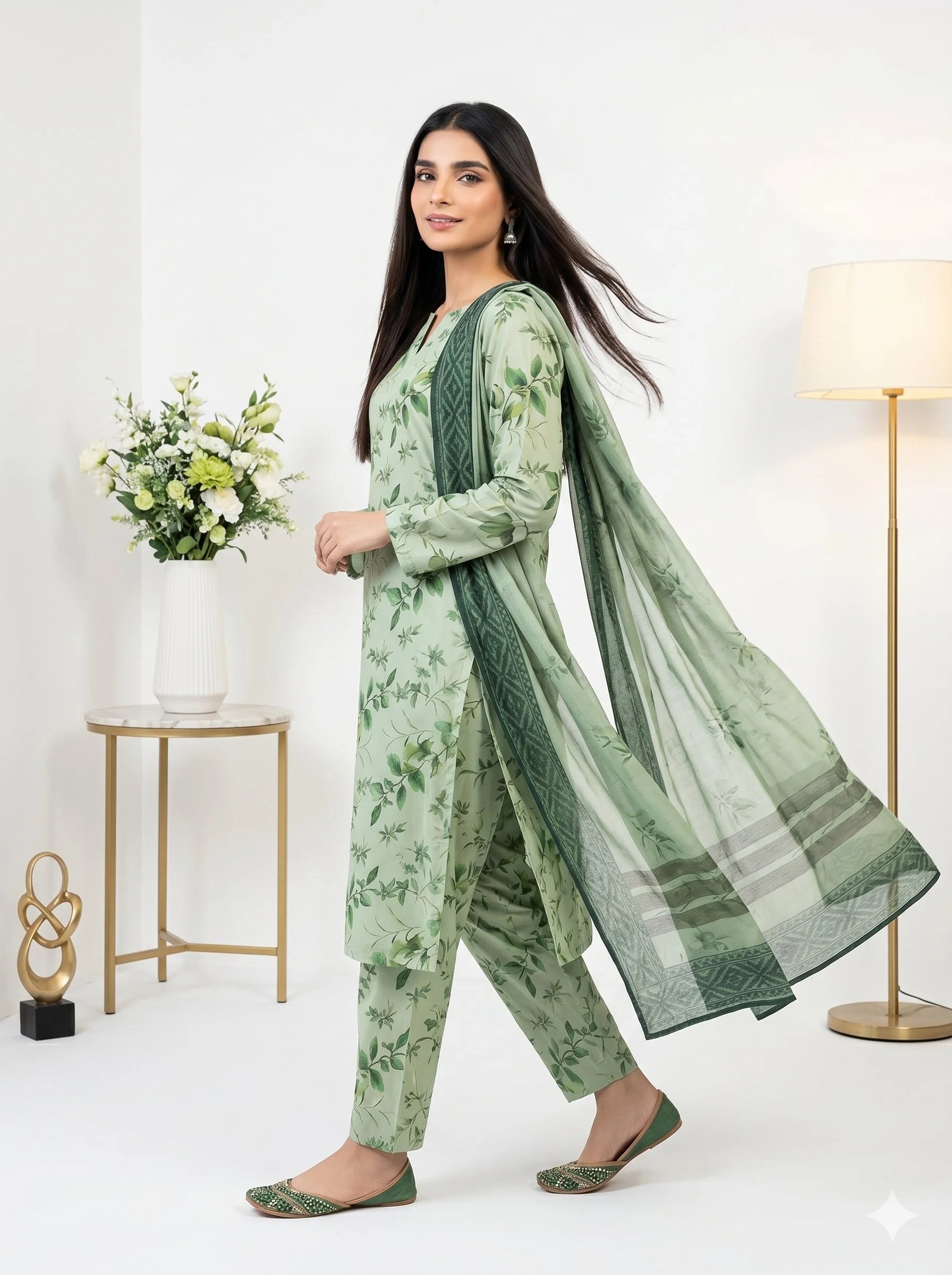 Woman wearing a green floral outfit with a matching dupatta in a minimalistic setting.