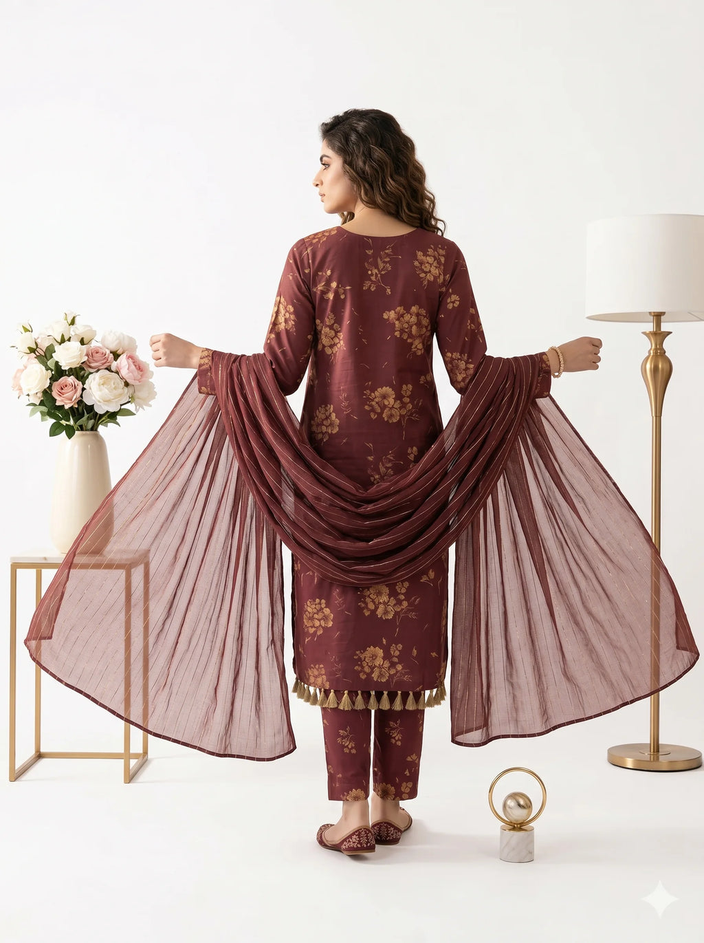 Maroon Gold Floral Printed Lawn — 3 Piece Unstitched