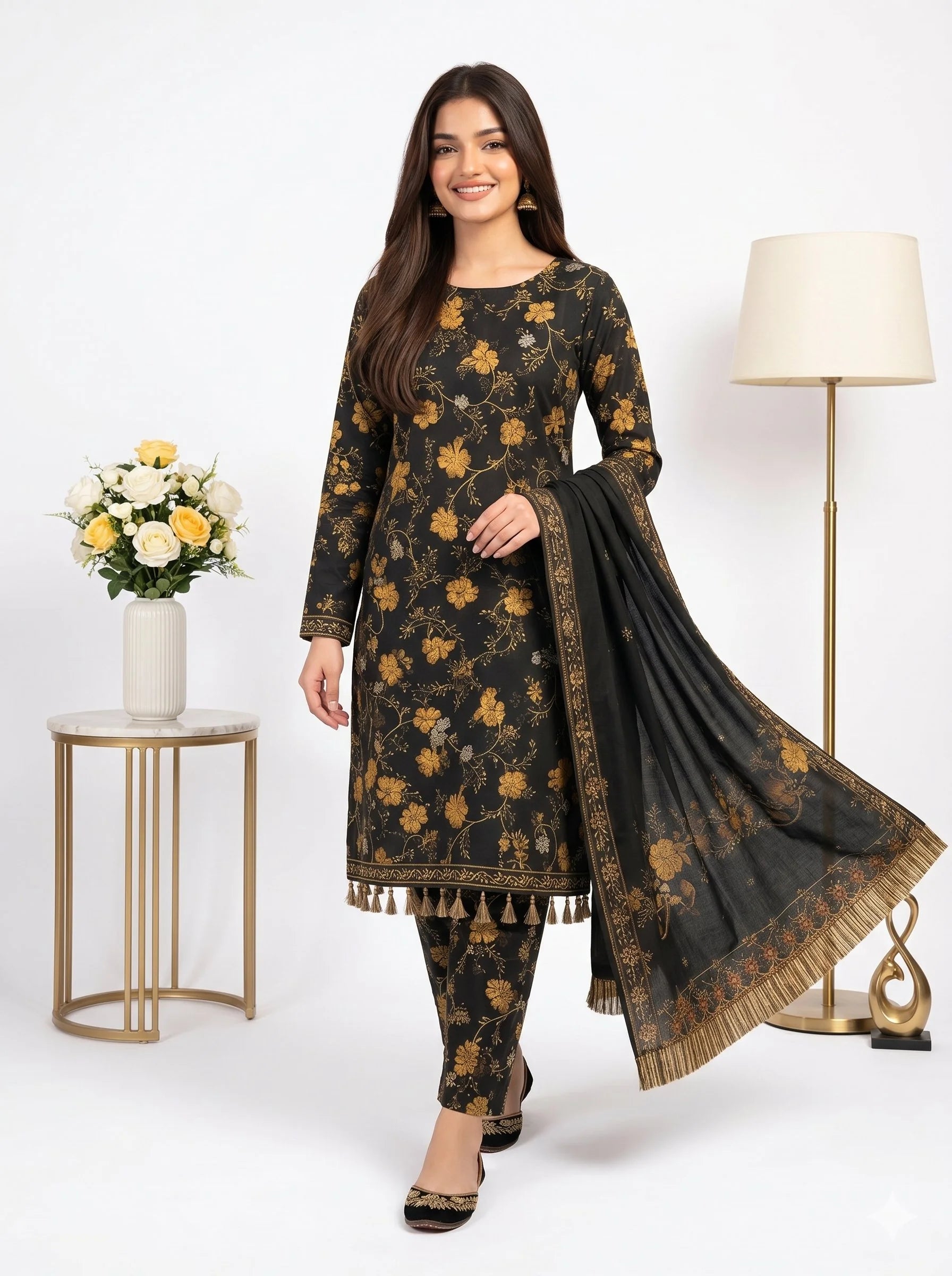 Woman wearing a black floral outfit with a matching dupatta, standing next to a lamp and small table with flowers.