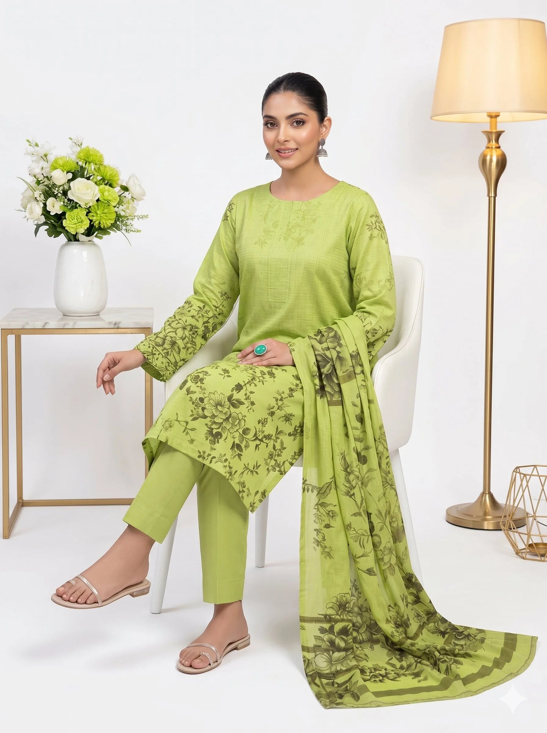 Woman in a green traditional outfit sitting on a white chair with a white background