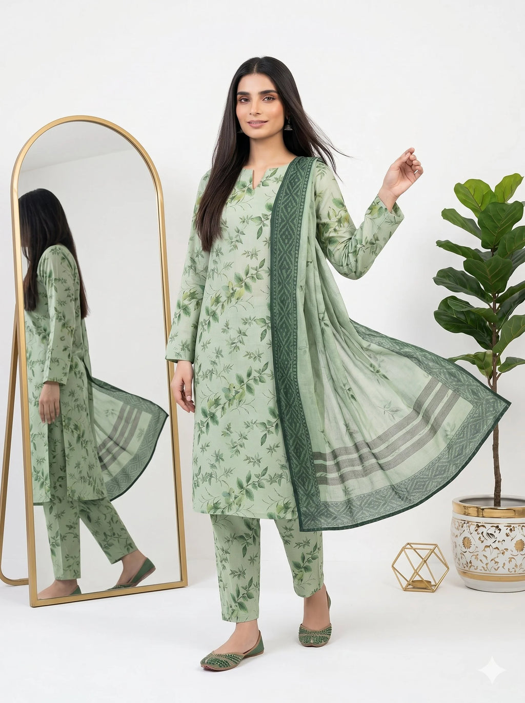 Woman in a green floral outfit standing next to a mirror and a plant on a white background