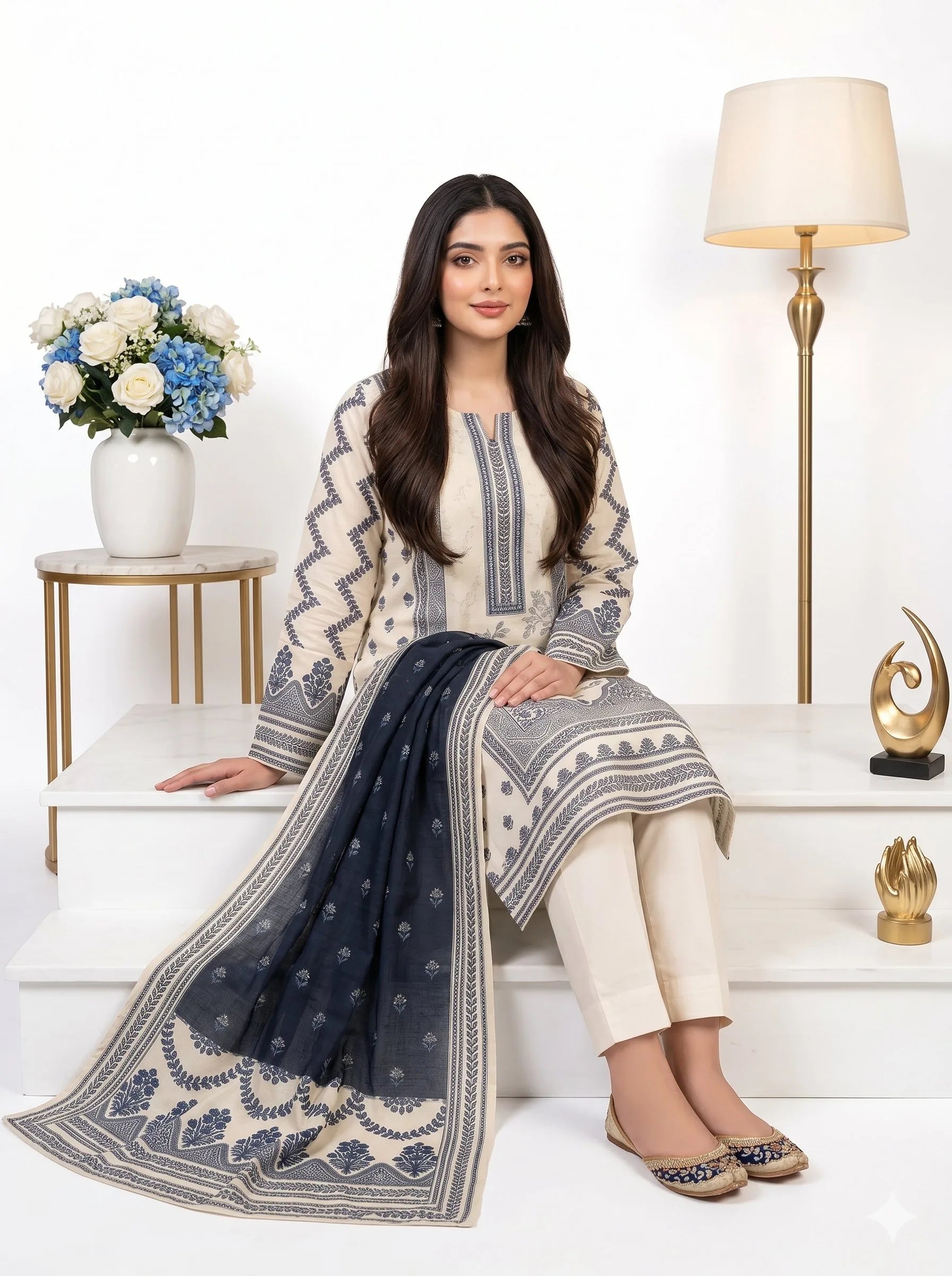 Woman in traditional outfit with a blue and white patterned dupatta, sitting on a white surface.