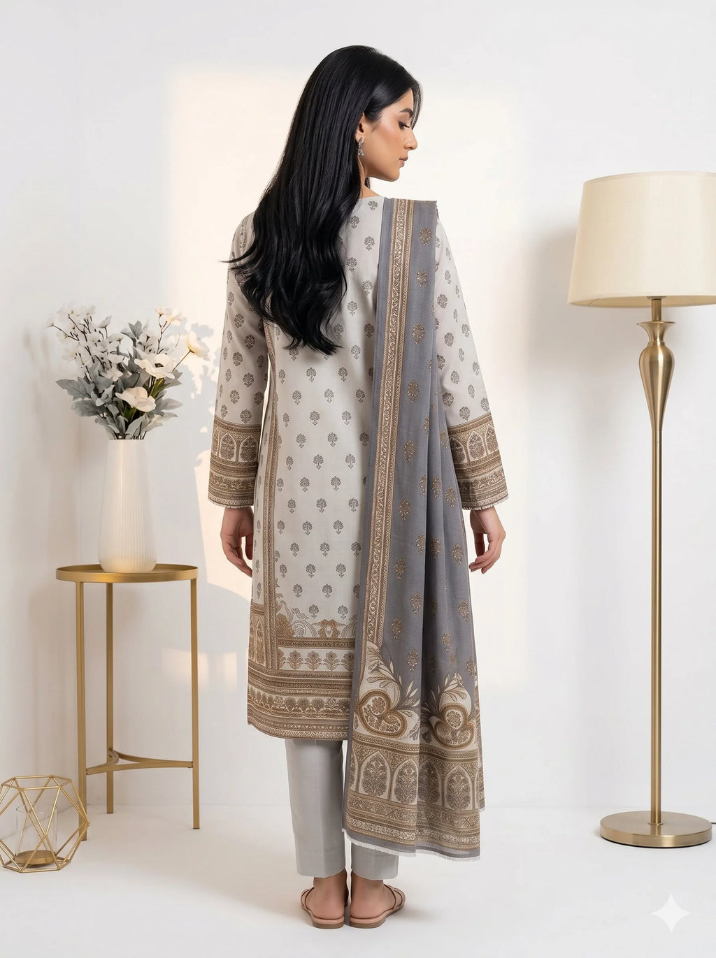 Woman wearing a traditional outfit with a gray dupatta in a well-lit room.