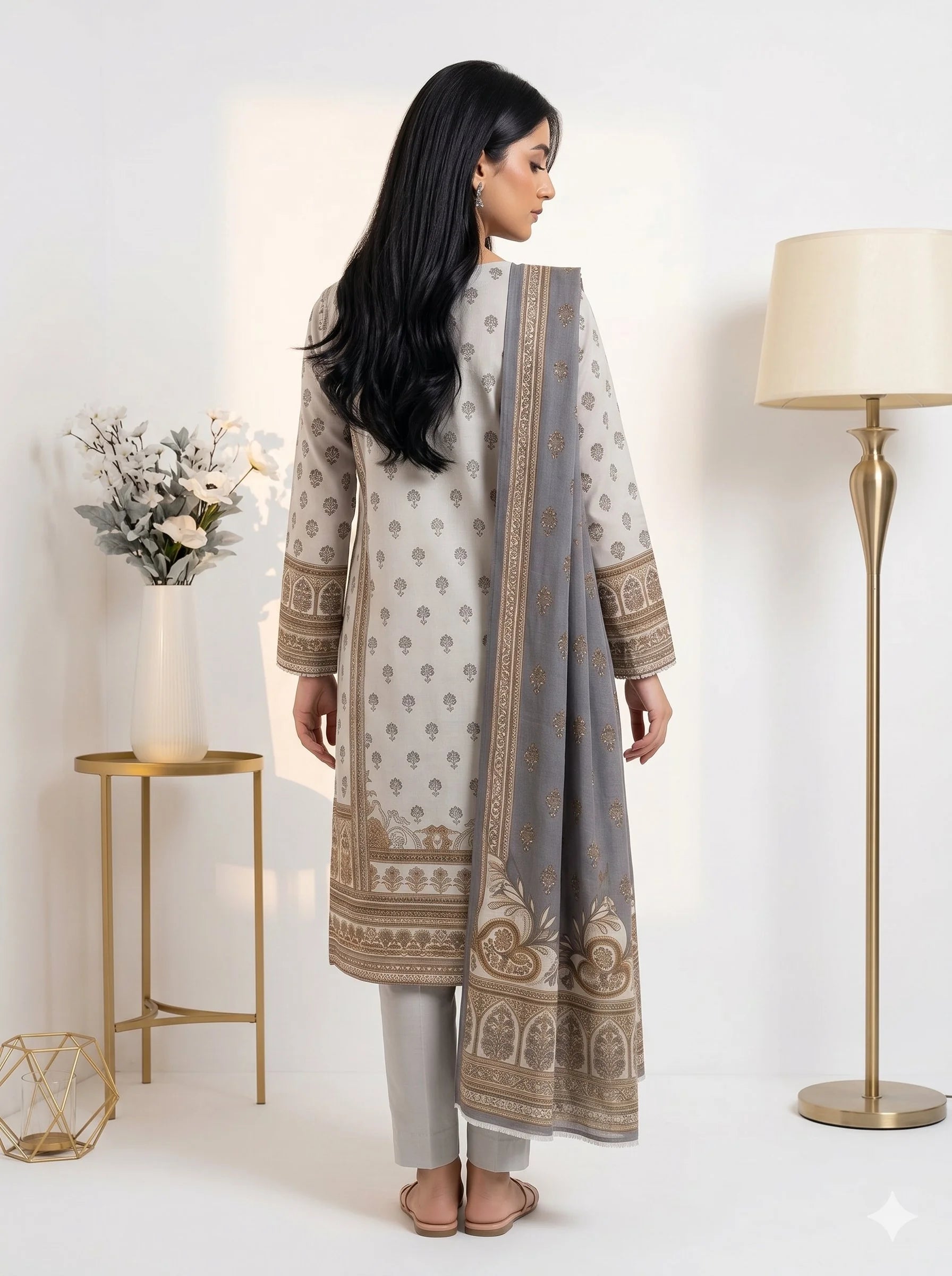 Woman wearing a traditional outfit with a gray dupatta in a well-lit room.