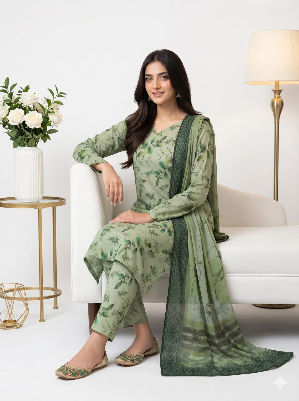 Woman in a green floral outfit sitting on a white couch with a white background