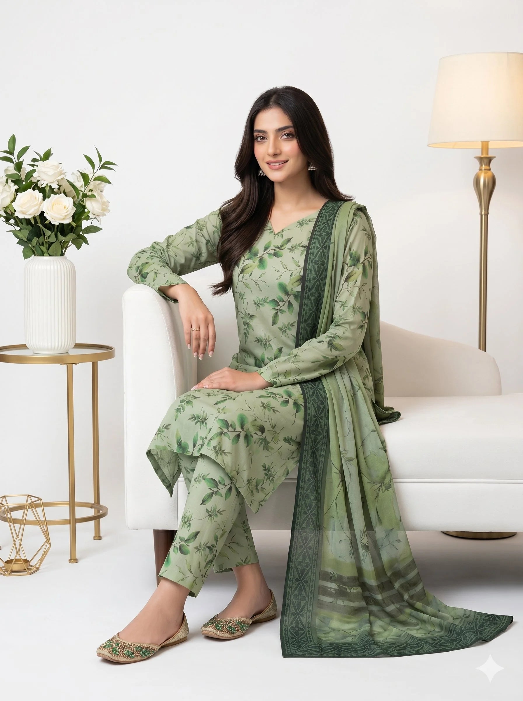 Woman in a green floral outfit sitting on a white couch with a white background