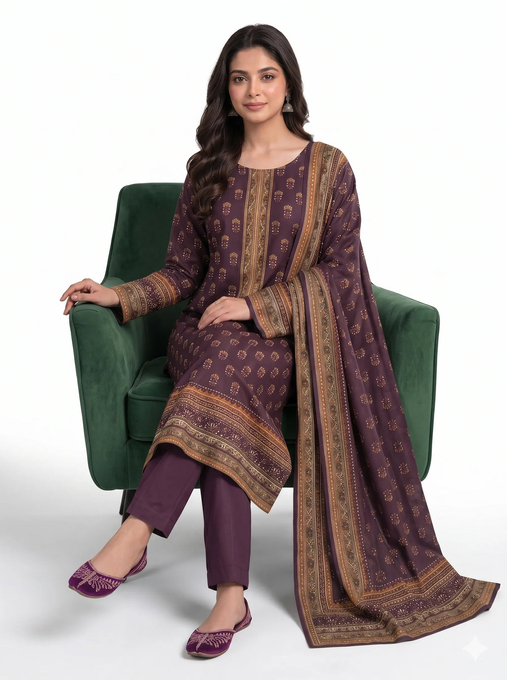 Deep Plum Mughal Motif Lawn — 3 Piece Unstitched