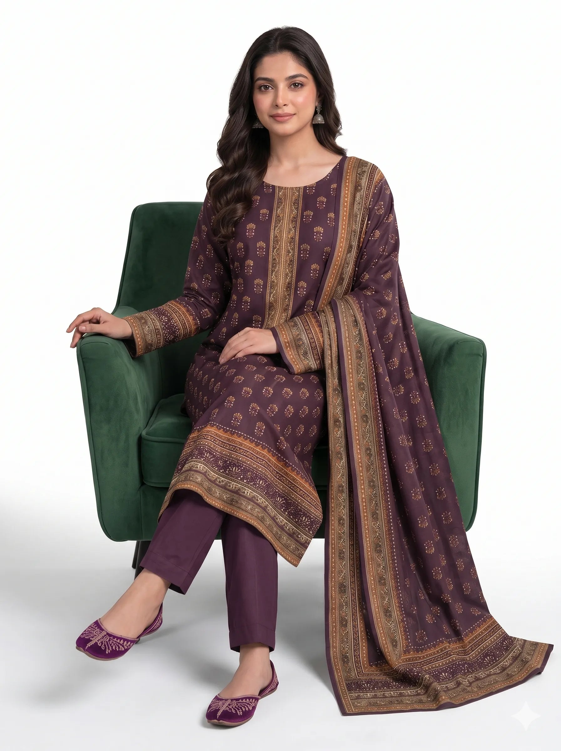 Deep Plum Mughal Motif Lawn — 3 Piece Unstitched