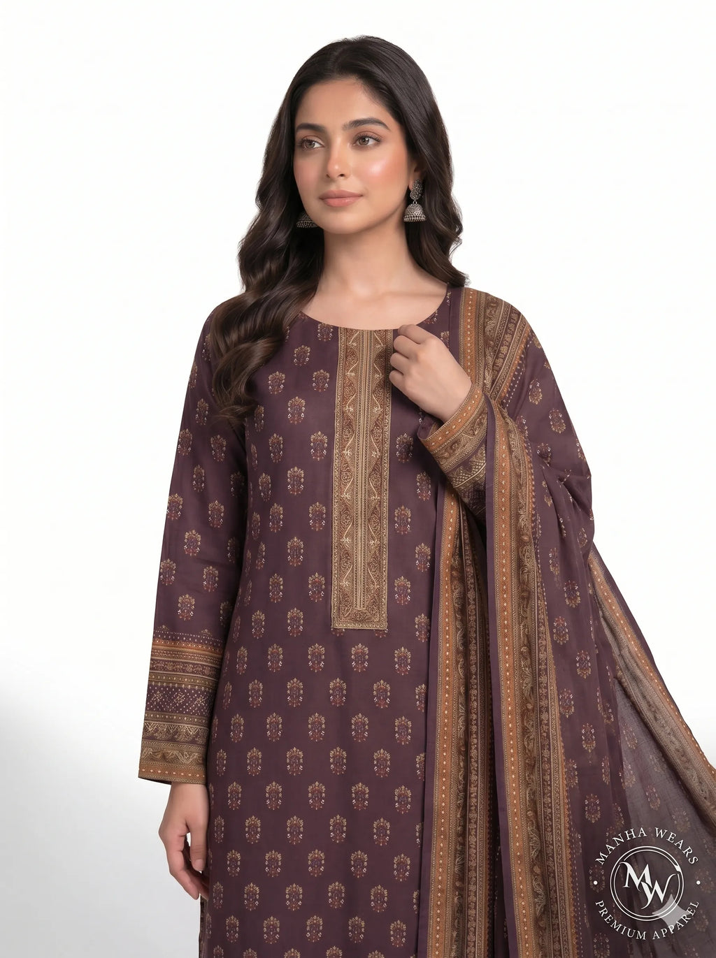Deep Plum Mughal Motif Lawn — 3 Piece Unstitched