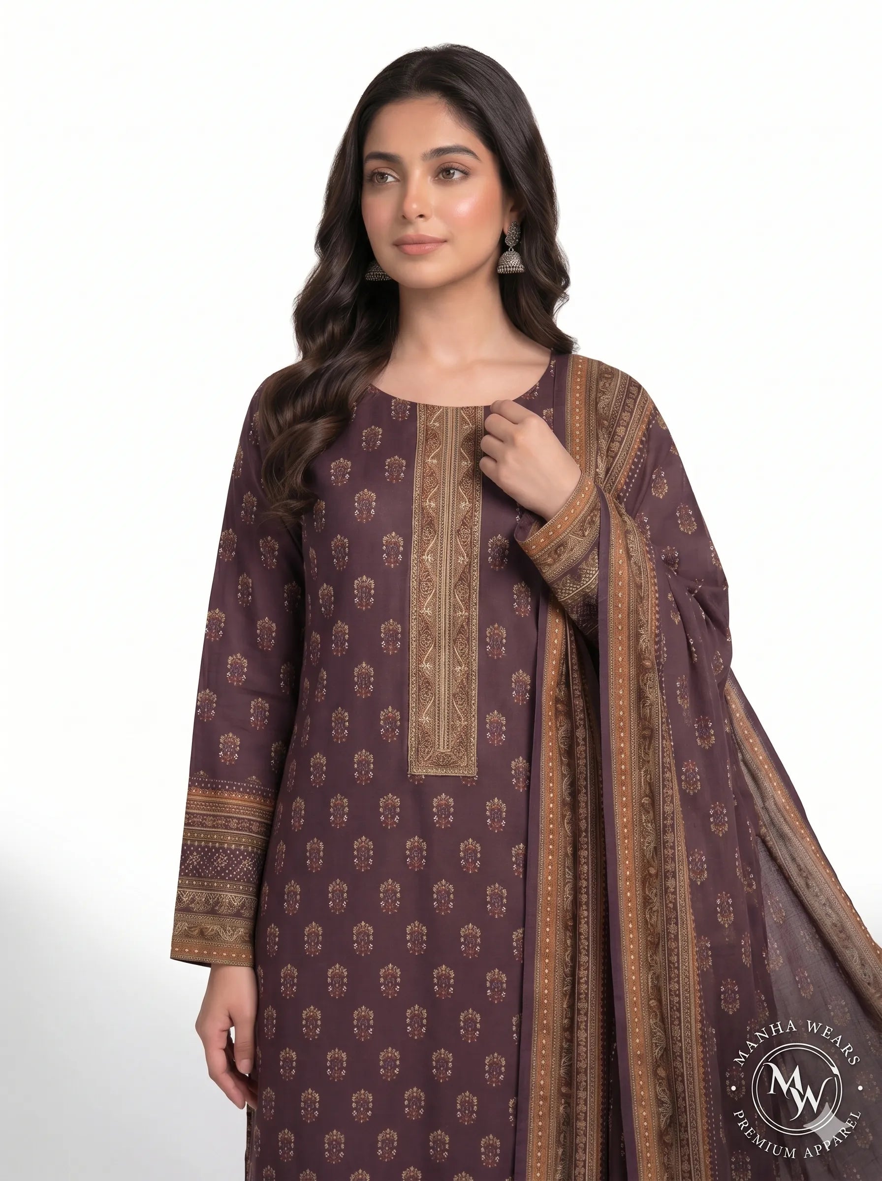 Deep Plum Mughal Motif Lawn — 3 Piece Unstitched