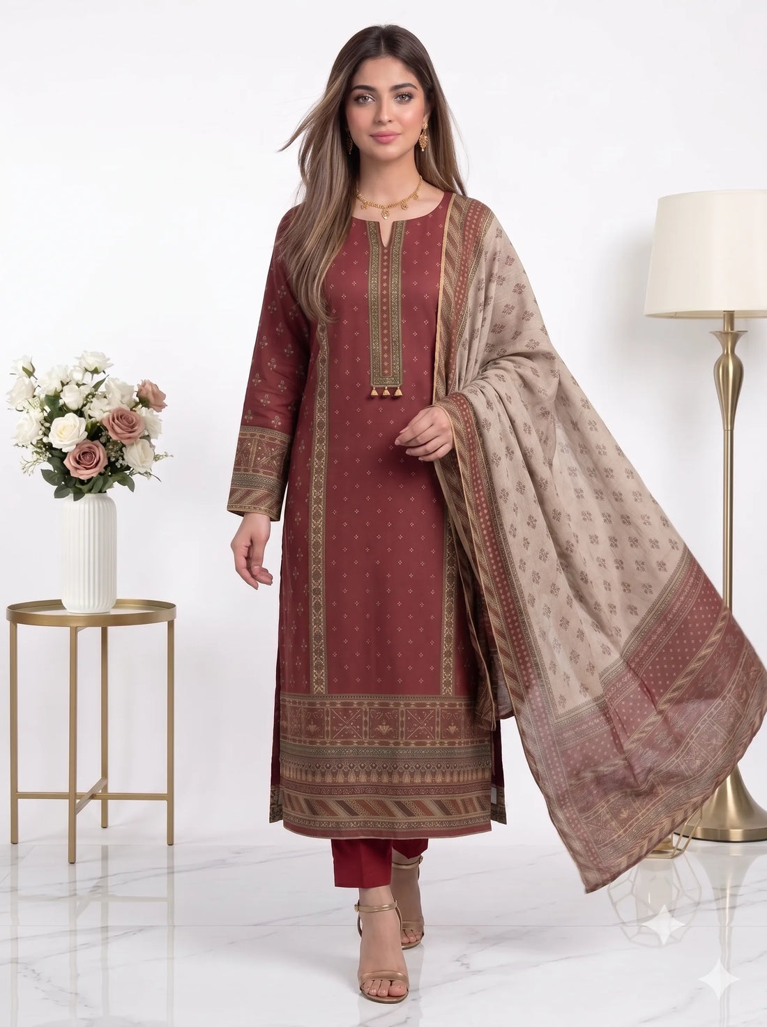 Woman wearing a traditional outfit with a dupatta in a well-lit room.