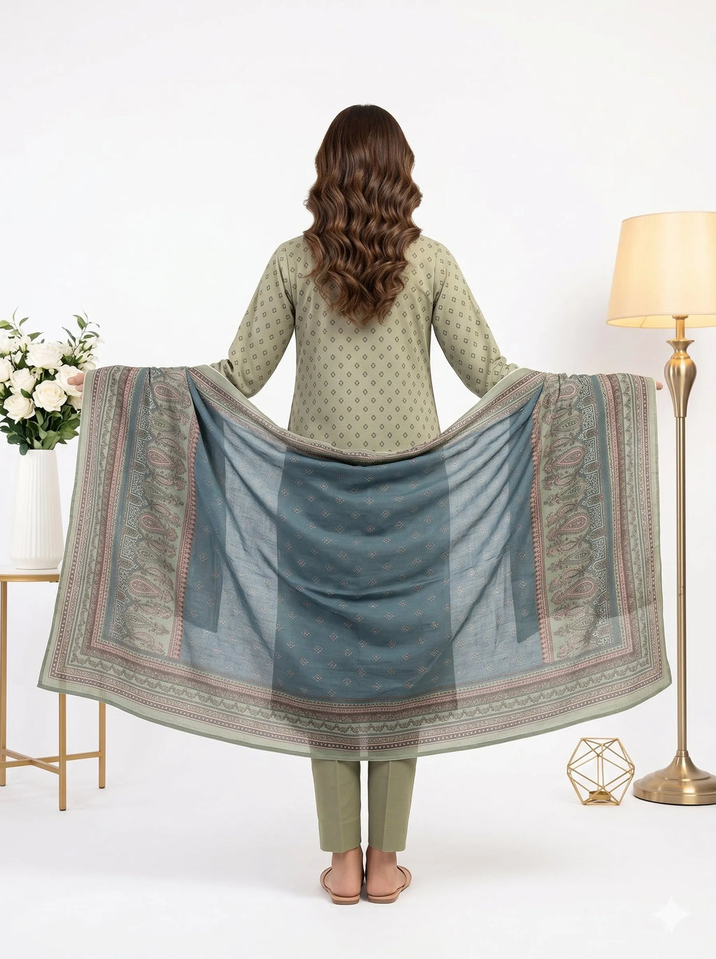 Woman holding a large blue and green patterned scarf in a well-lit room with a lamp and flowers.
