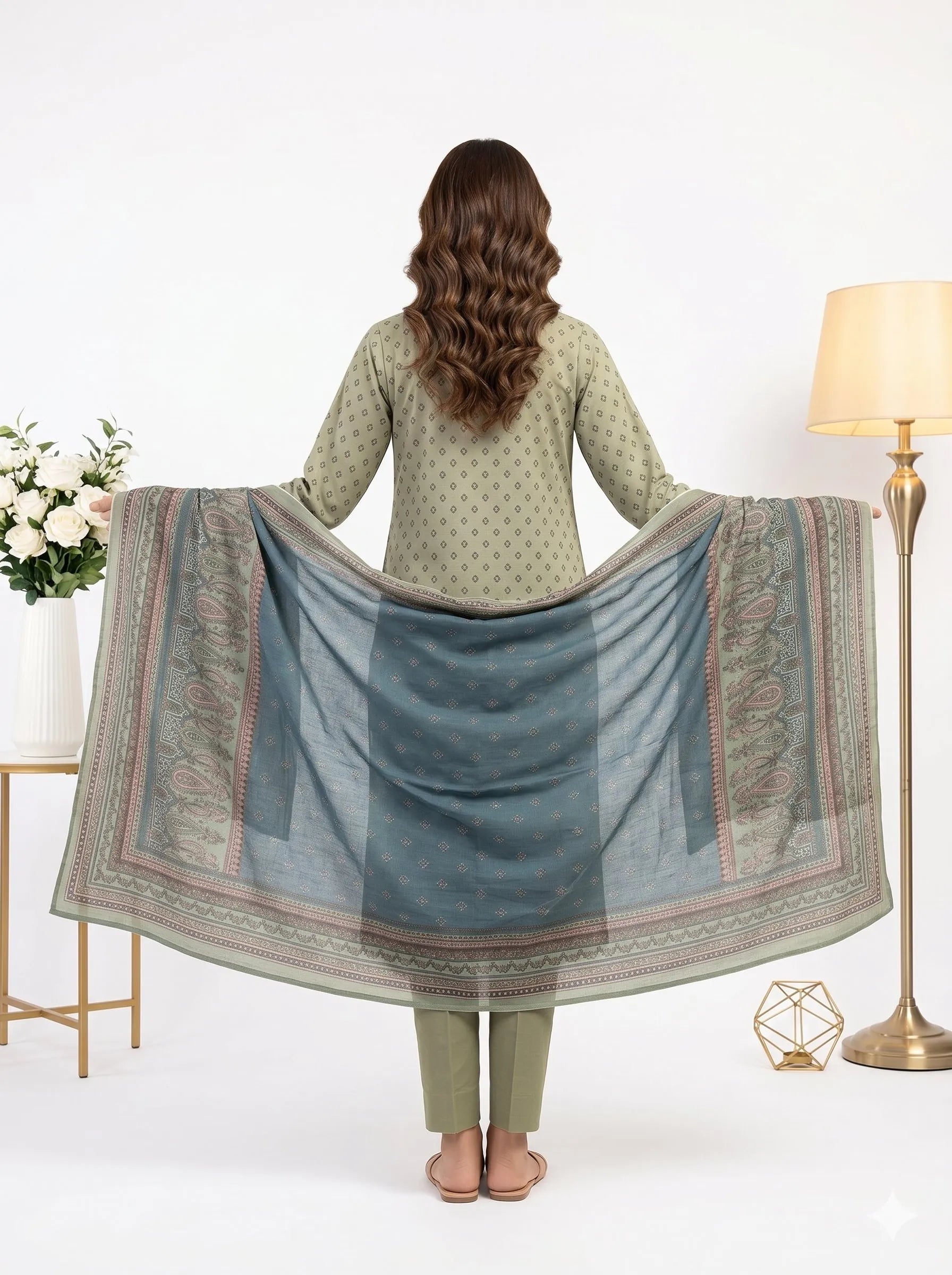 Woman holding a large blue and green patterned scarf in a well-lit room with a lamp and flowers.