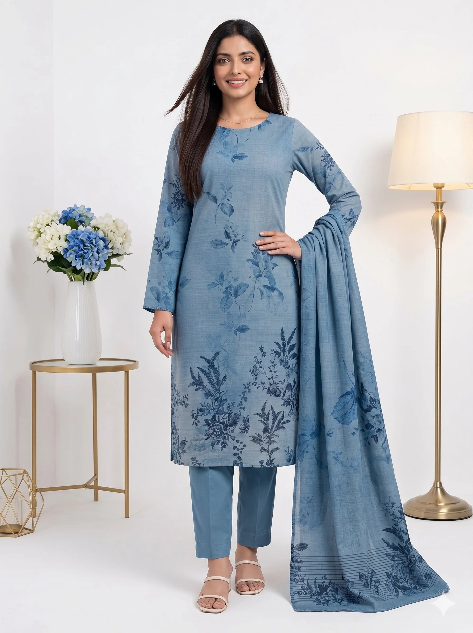 Woman wearing a blue floral outfit with a matching dupatta in a well-lit room.