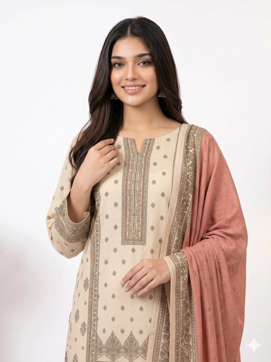 Woman wearing a cream-colored embroidered outfit with a pink dupatta on a white background