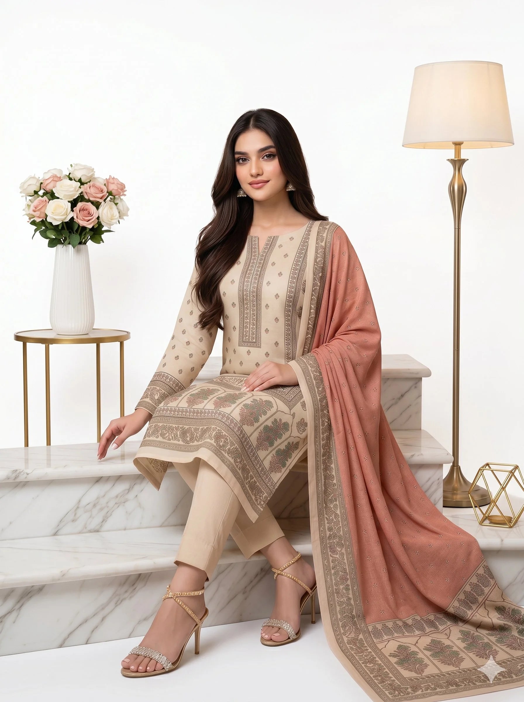 Woman in traditional outfit with pink dupatta sitting on a staircase