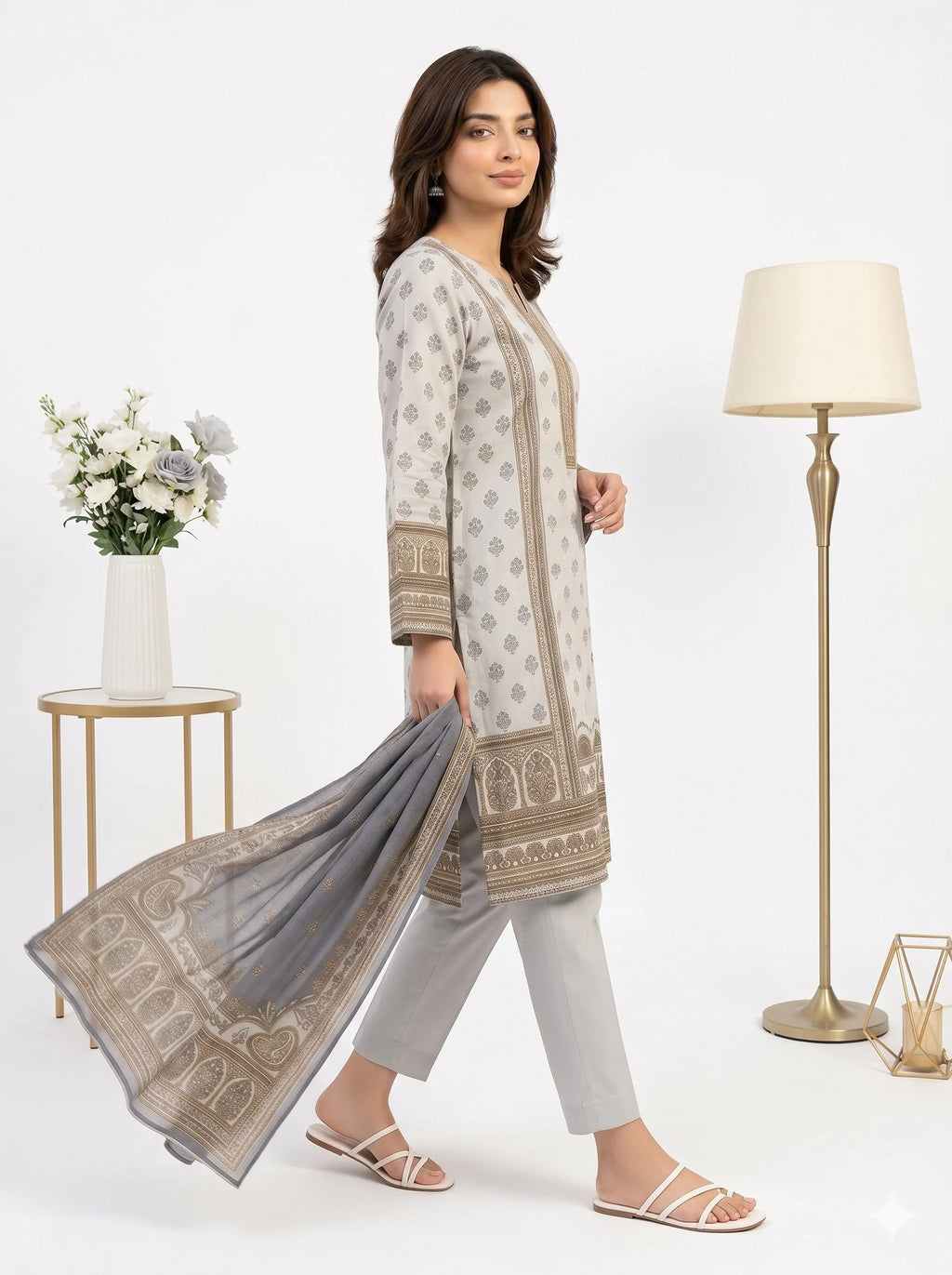 Woman wearing a traditional outfit with a matching dupatta in a minimalistic setting.
