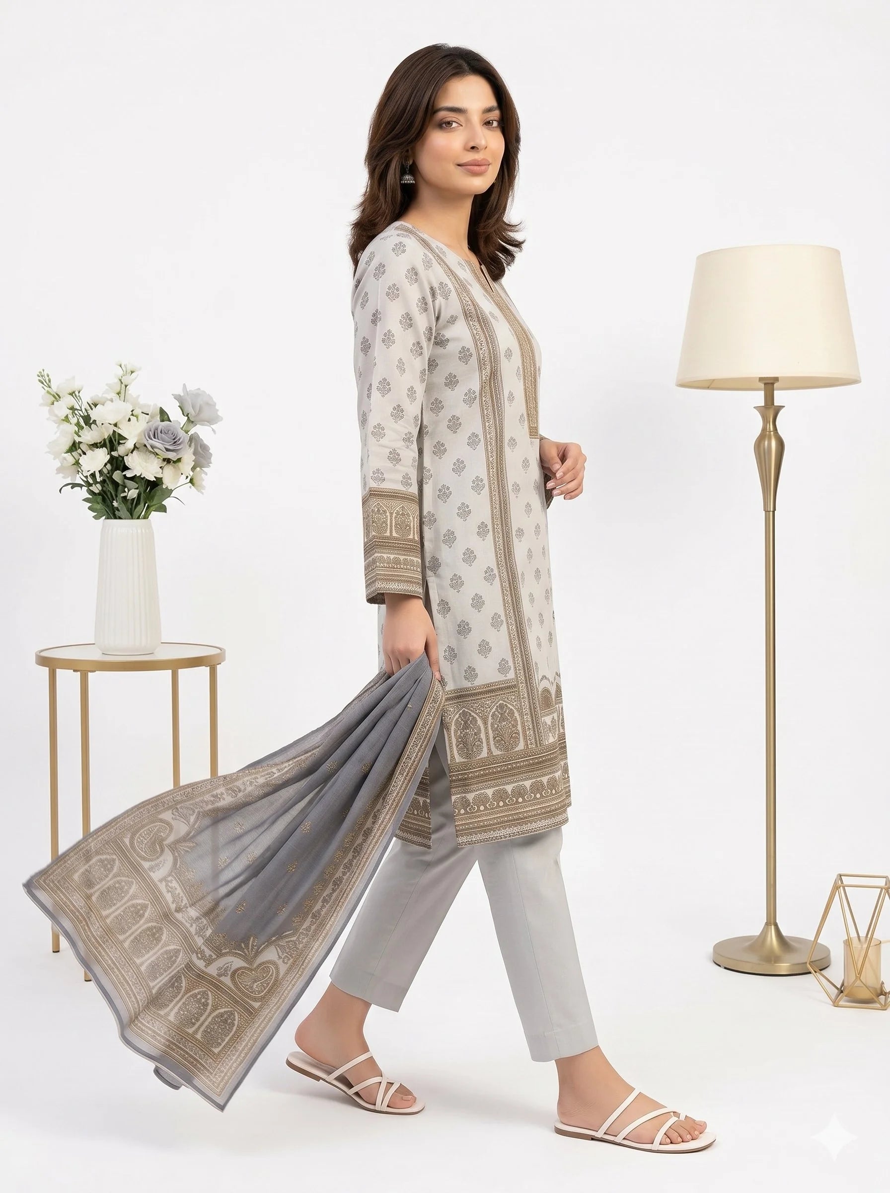 Woman wearing a traditional outfit with a matching dupatta in a minimalistic setting.