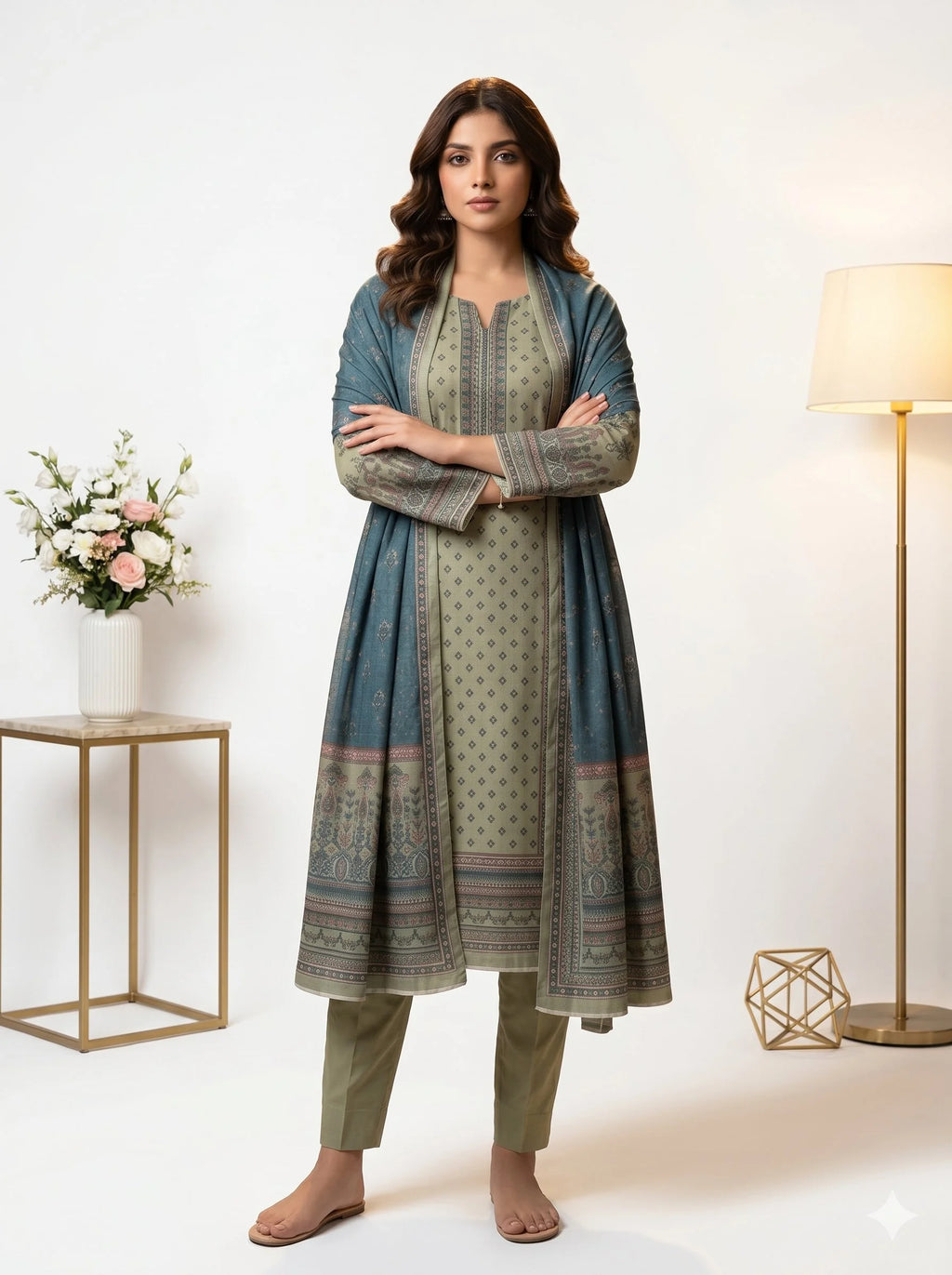Woman wearing a traditional outfit with a blue shawl in a minimalistic setting