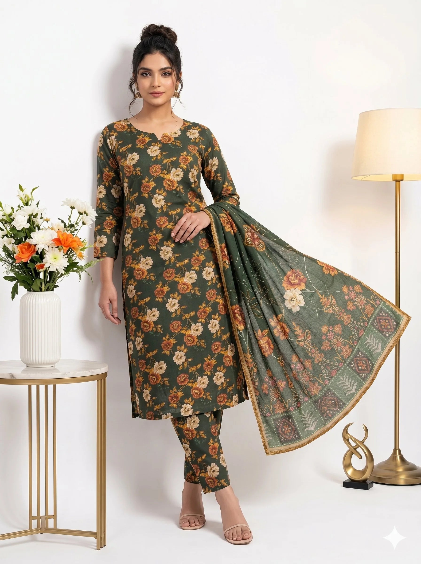 Woman wearing a floral dress with a matching dupatta in a minimalistic setting.