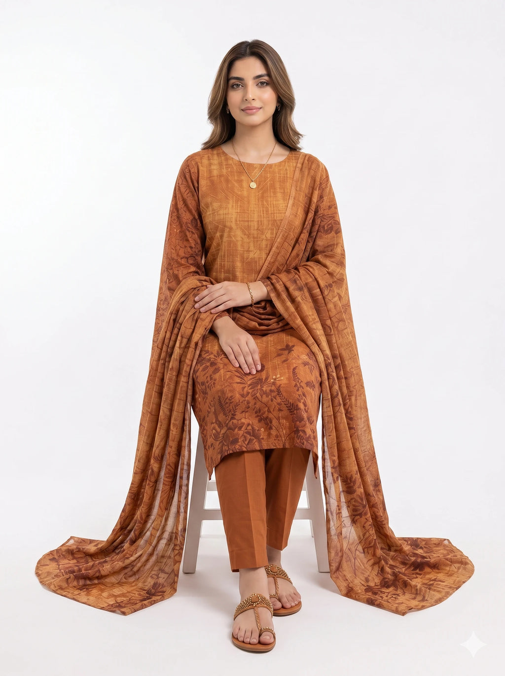 Rust Tonal Botanical Printed Lawn — 3 Piece Unstitched