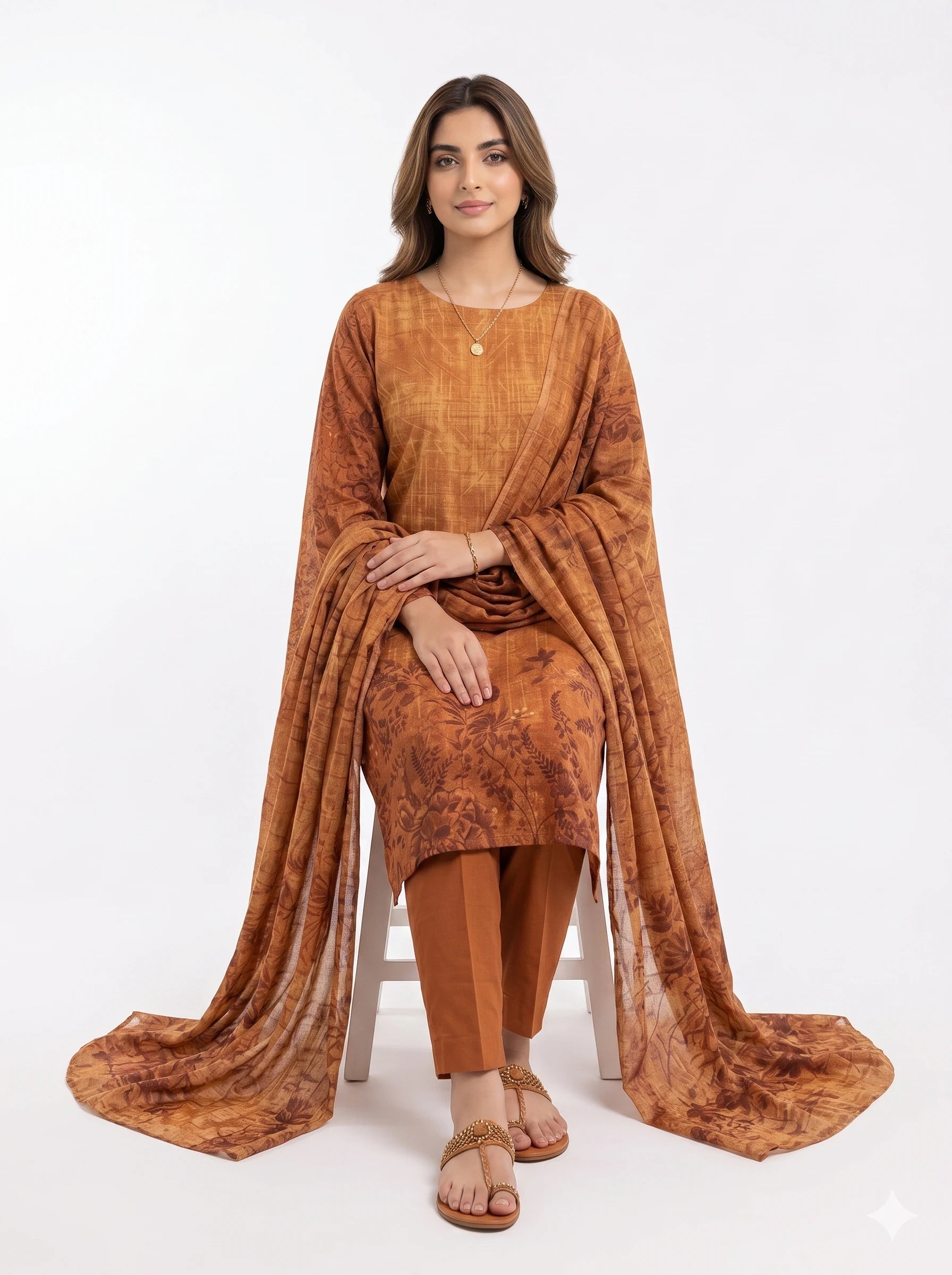 Rust Tonal Botanical Printed Lawn — 3 Piece Unstitched