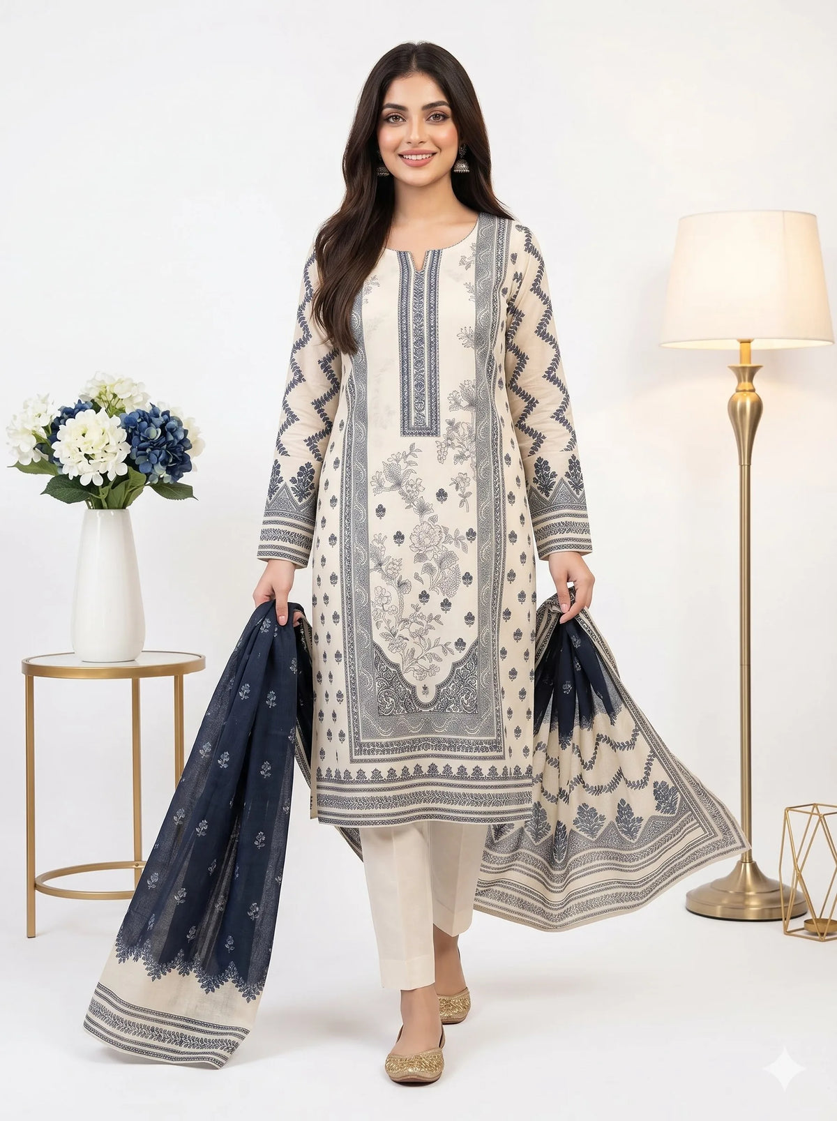 Woman wearing a white and blue embroidered outfit with a matching dupatta in a well-lit room.