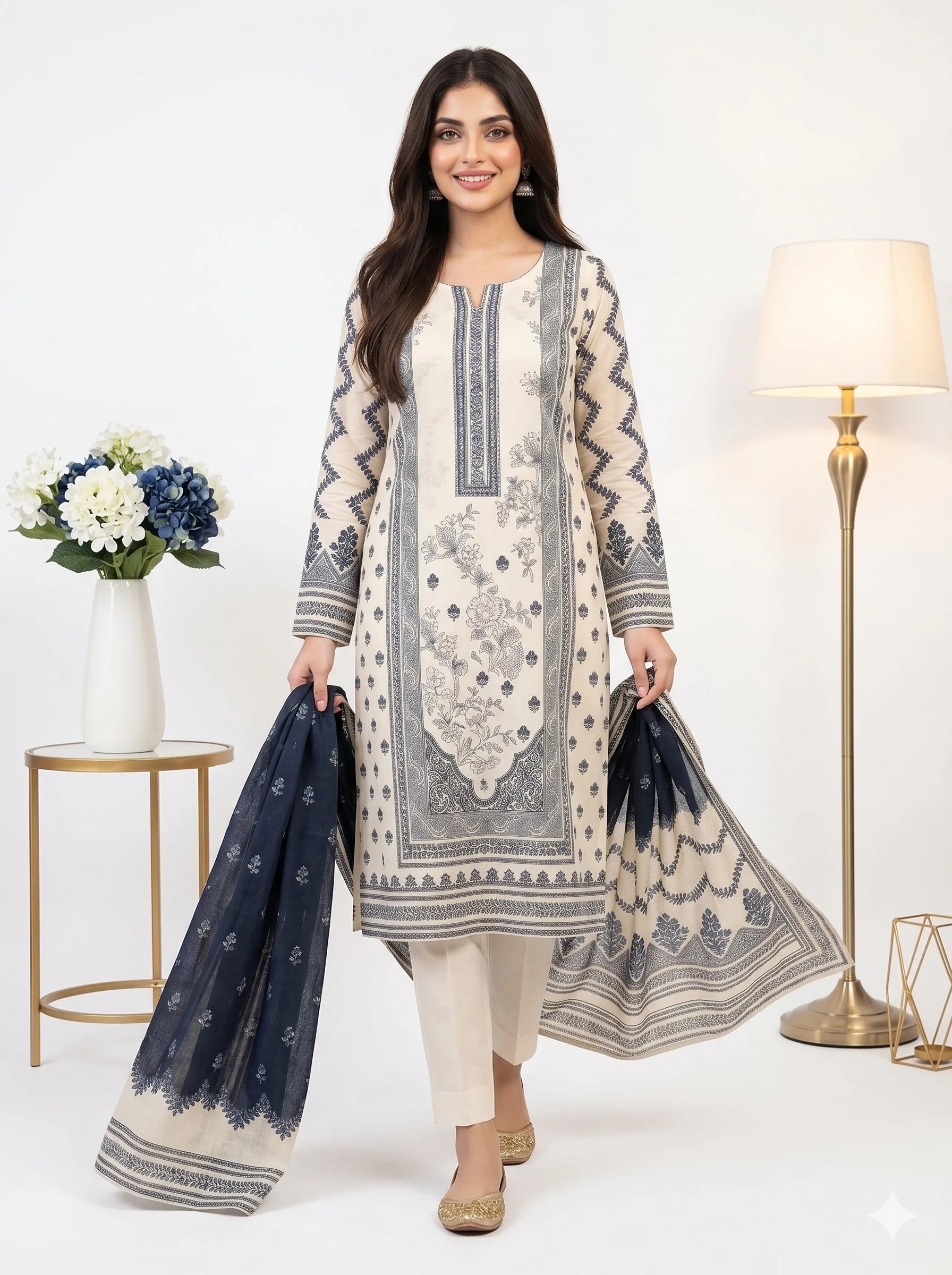 Woman wearing a white and blue embroidered outfit with a matching dupatta in a well-lit room.