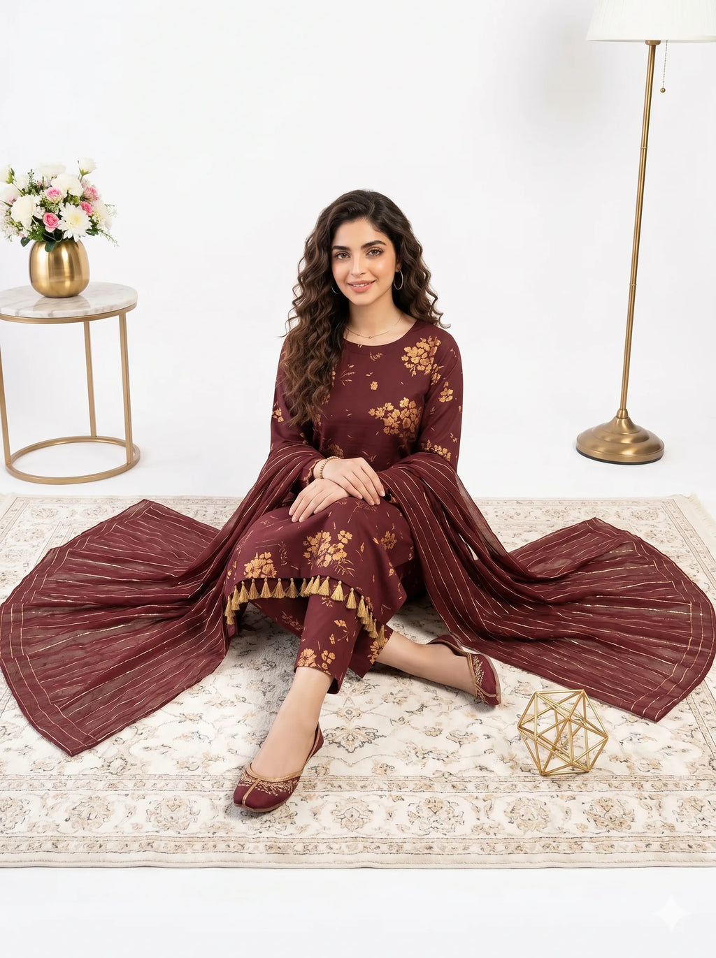 Maroon Gold Floral Printed Lawn — 3 Piece Unstitched