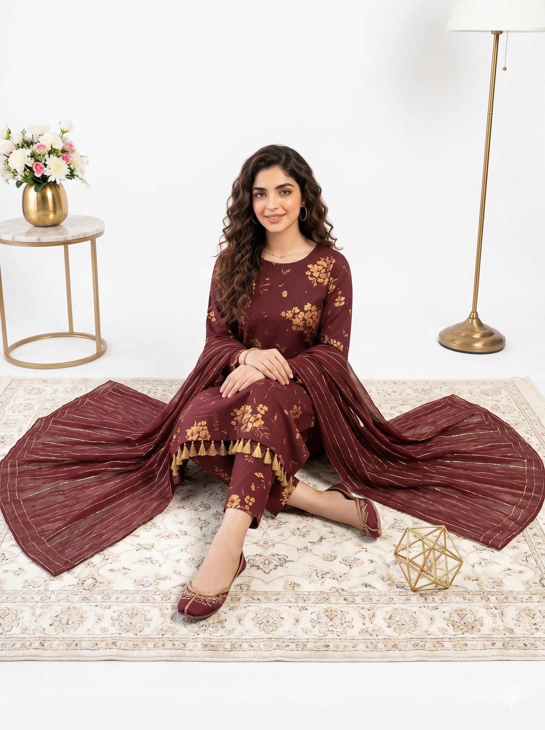 Maroon Gold Floral Printed Lawn — 3 Piece Unstitched