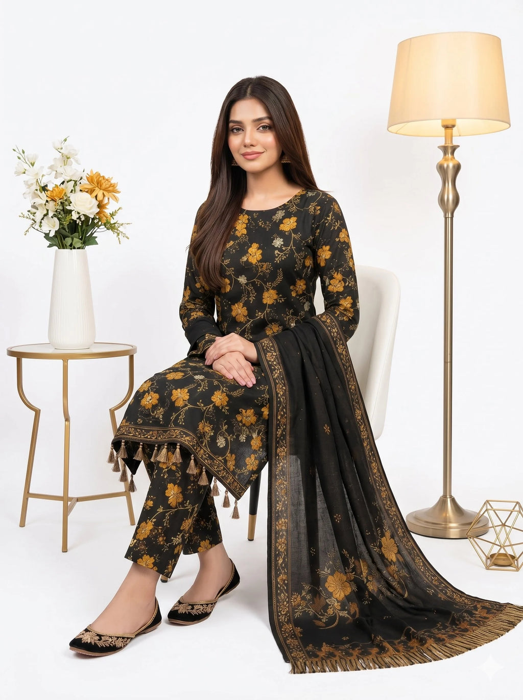 Woman in a black and gold traditional outfit with a white background