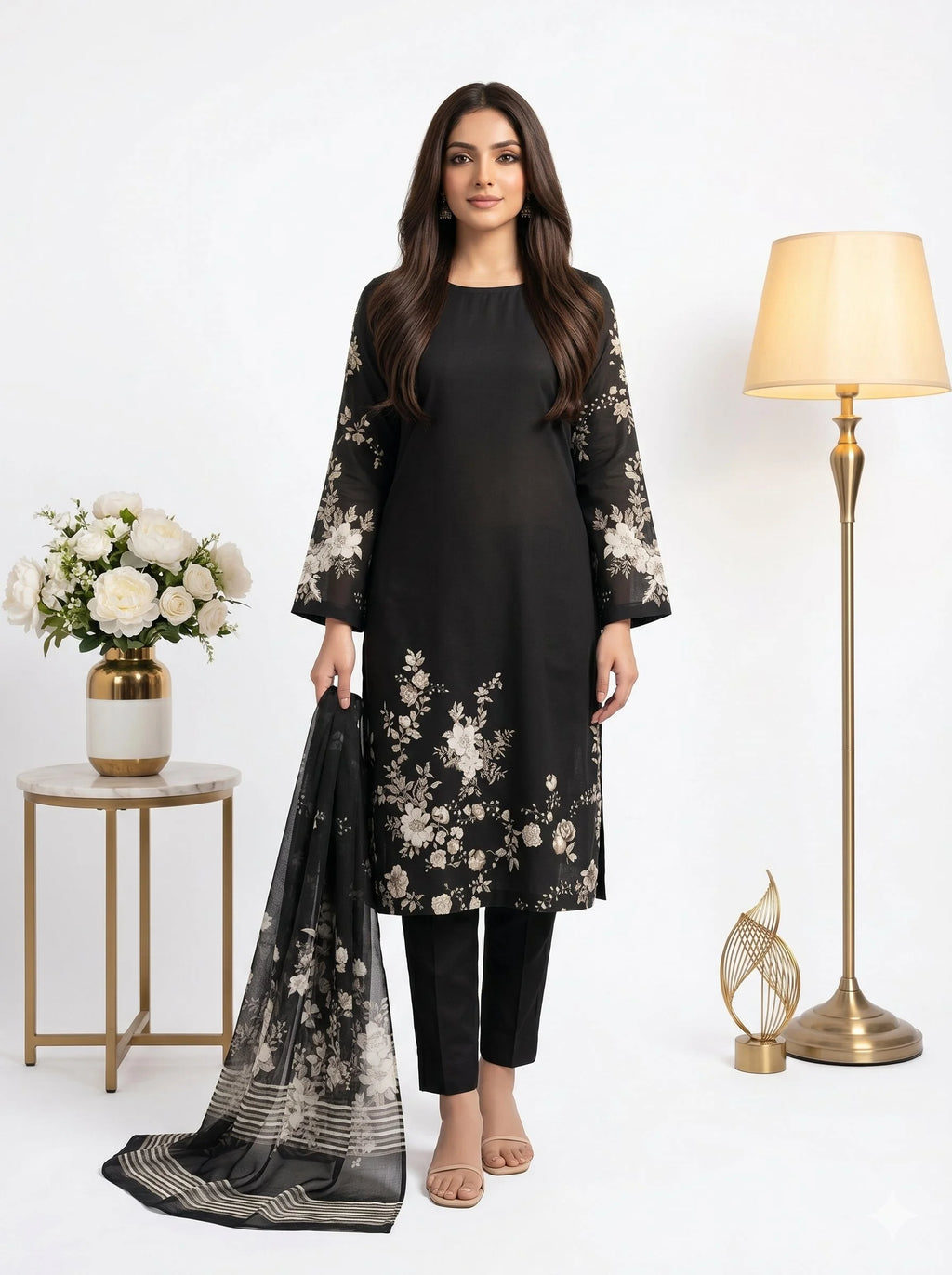 Midnight Black Ivory Floral Printed Lawn — 3 Piece Unstitched