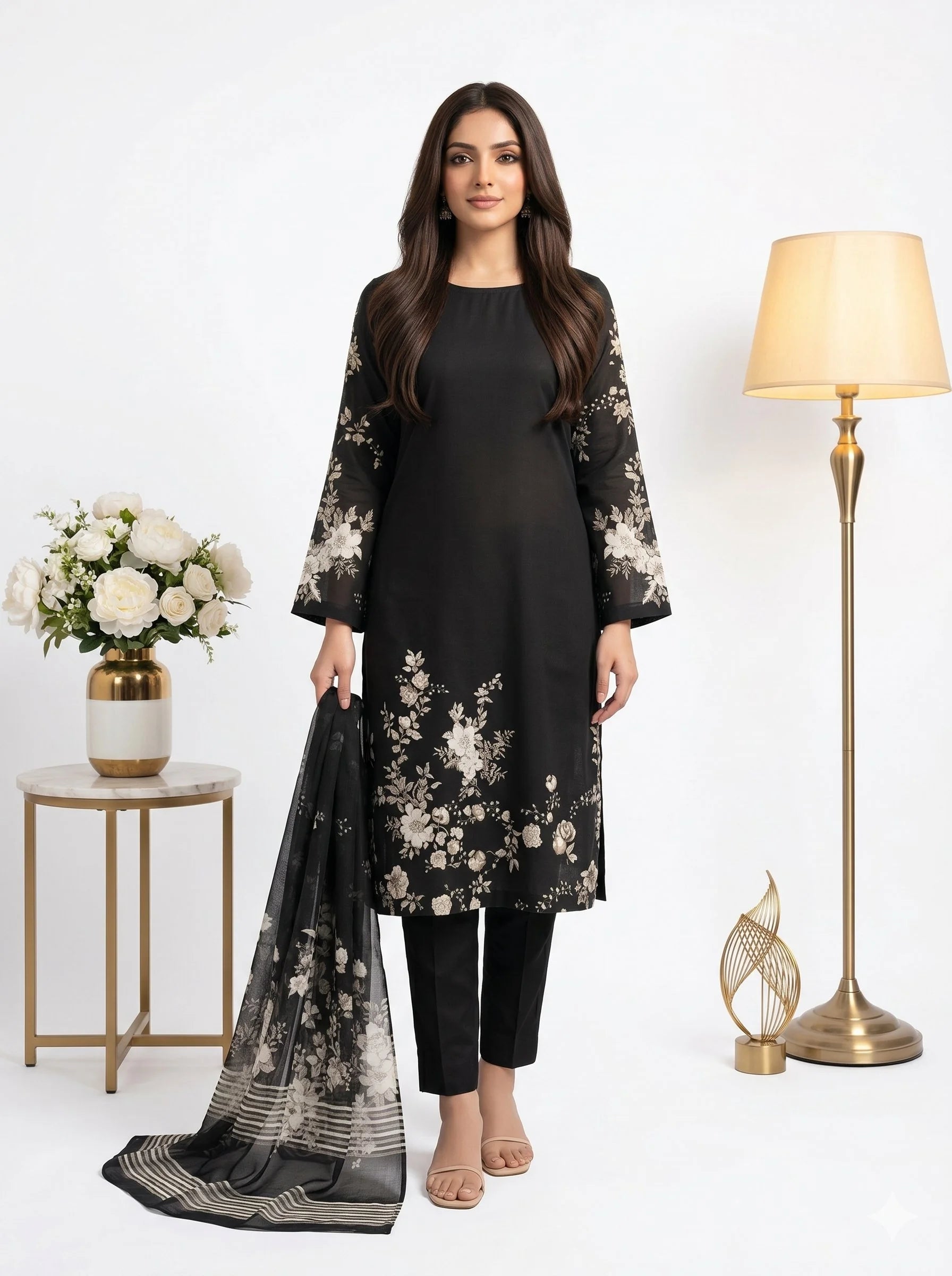 Midnight Black Ivory Floral Printed Lawn — 3 Piece Unstitched