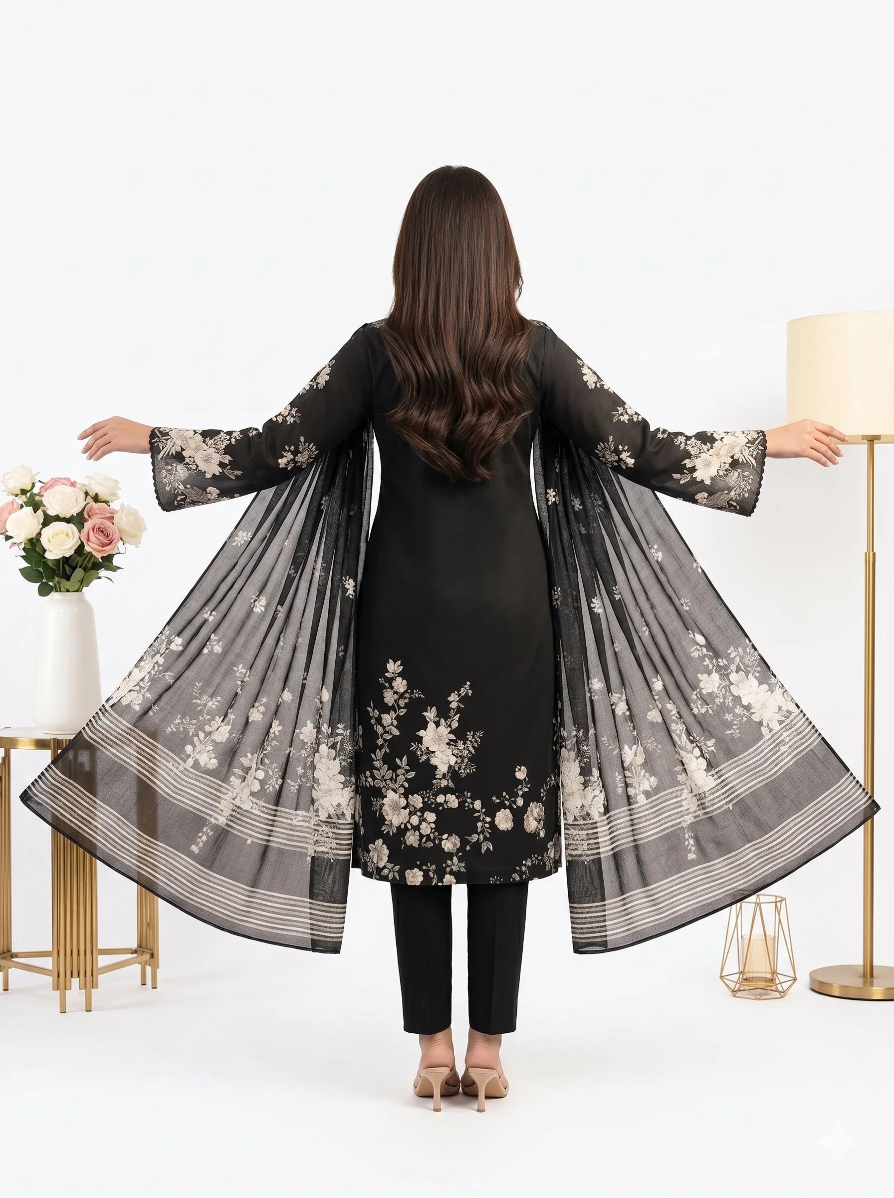 Midnight Black Ivory Floral Printed Lawn — 3 Piece Unstitched
