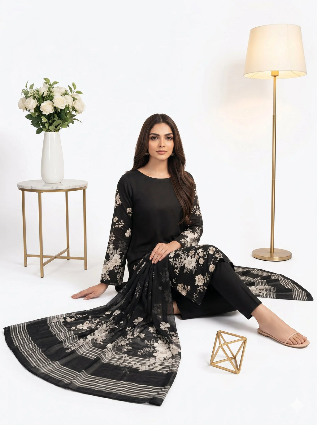 Midnight Black Ivory Floral Printed Lawn — 3 Piece Unstitched