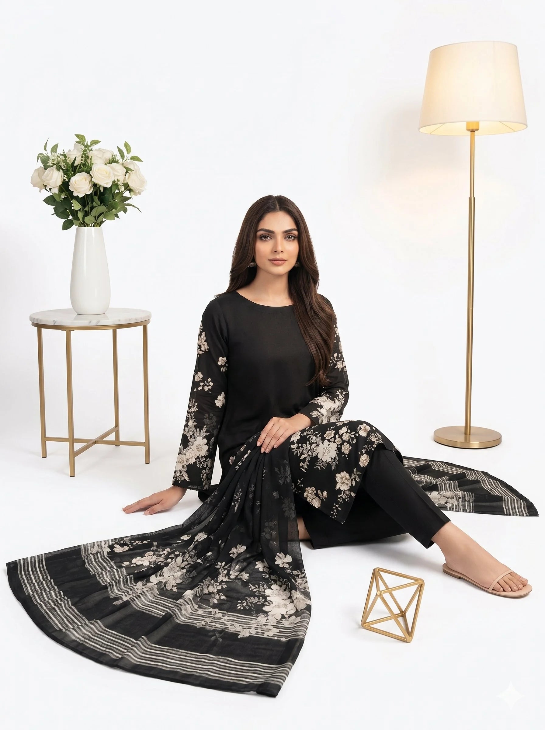 Midnight Black Ivory Floral Printed Lawn — 3 Piece Unstitched