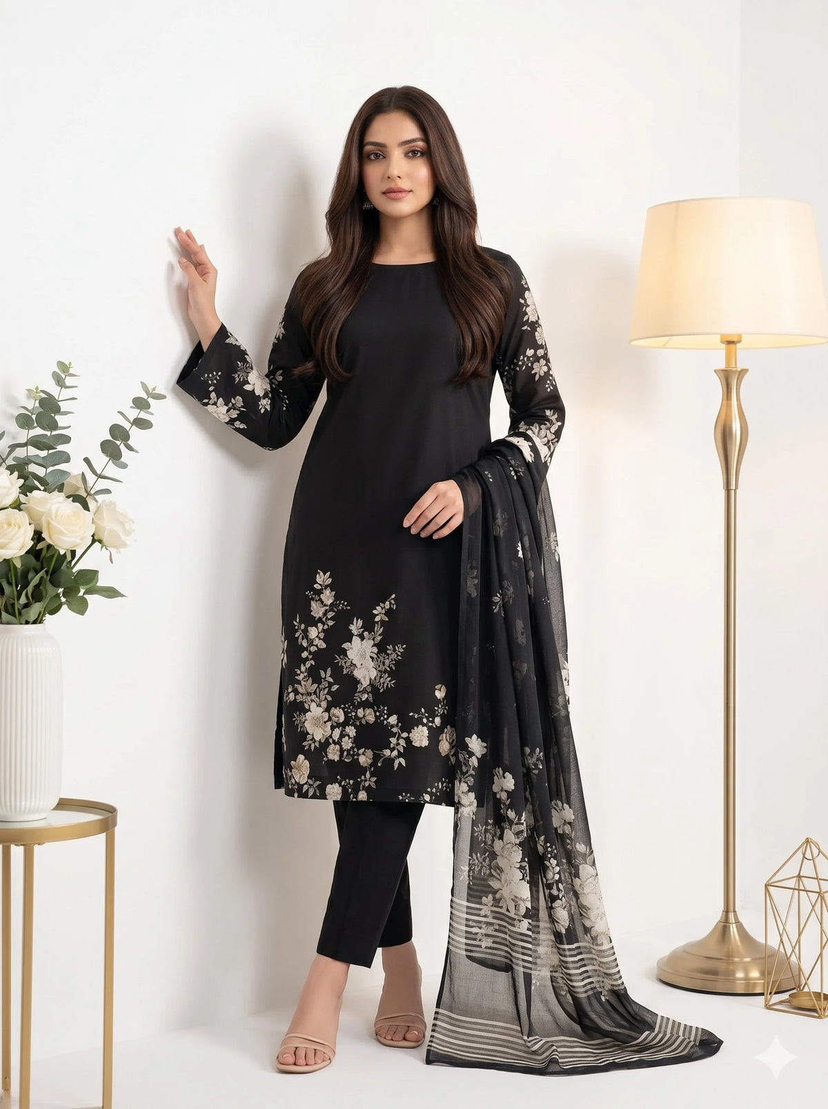 Midnight Black Ivory Floral Printed Lawn — 3 Piece