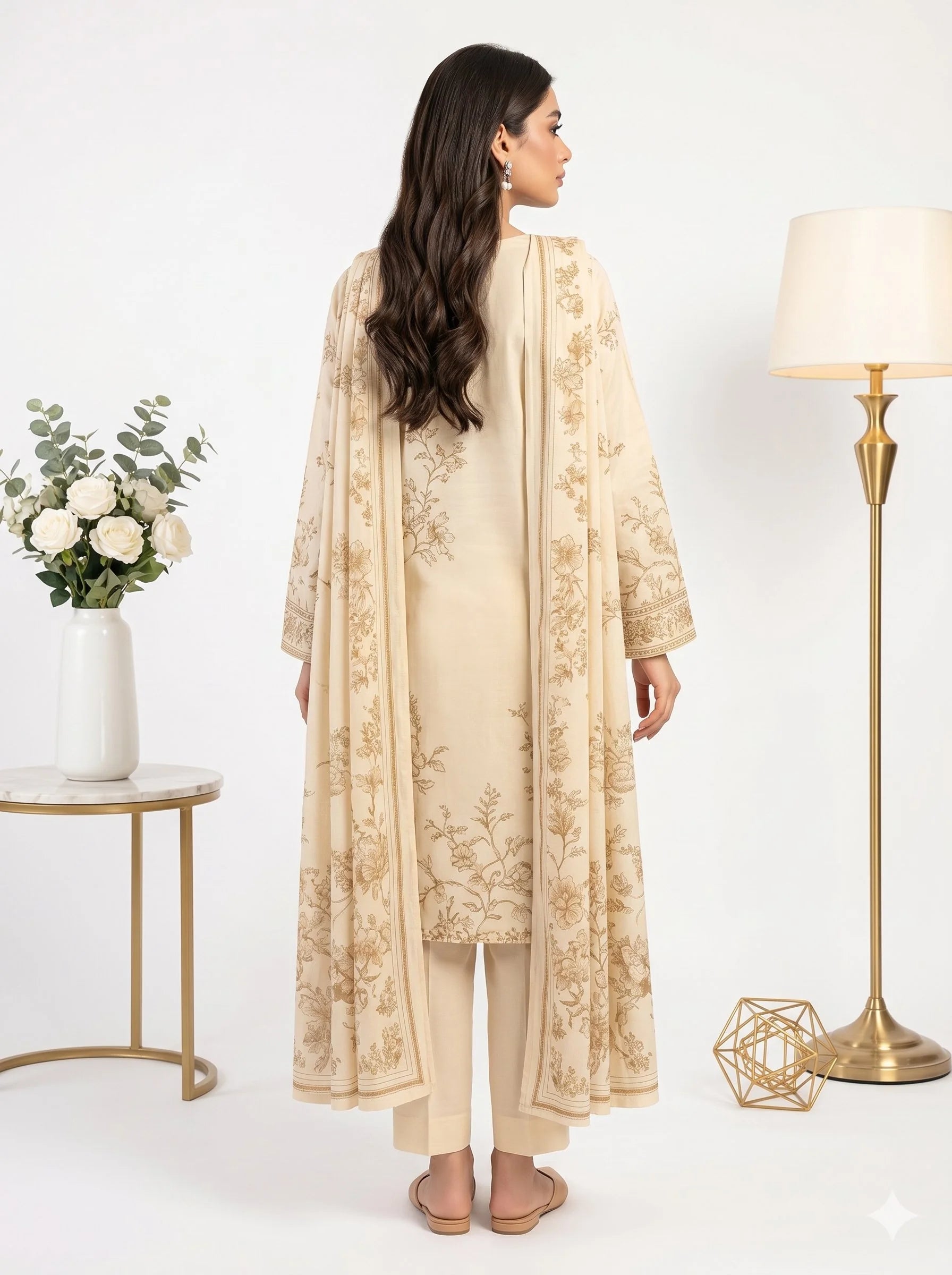 Woman wearing a beige embroidered outfit standing in a minimalistic room with a lamp and vase.