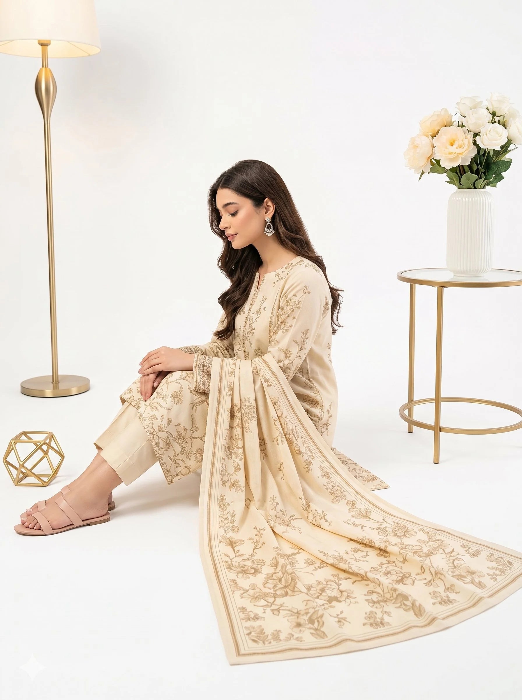 Woman in a beige traditional outfit sitting on a white floor with decorative elements.