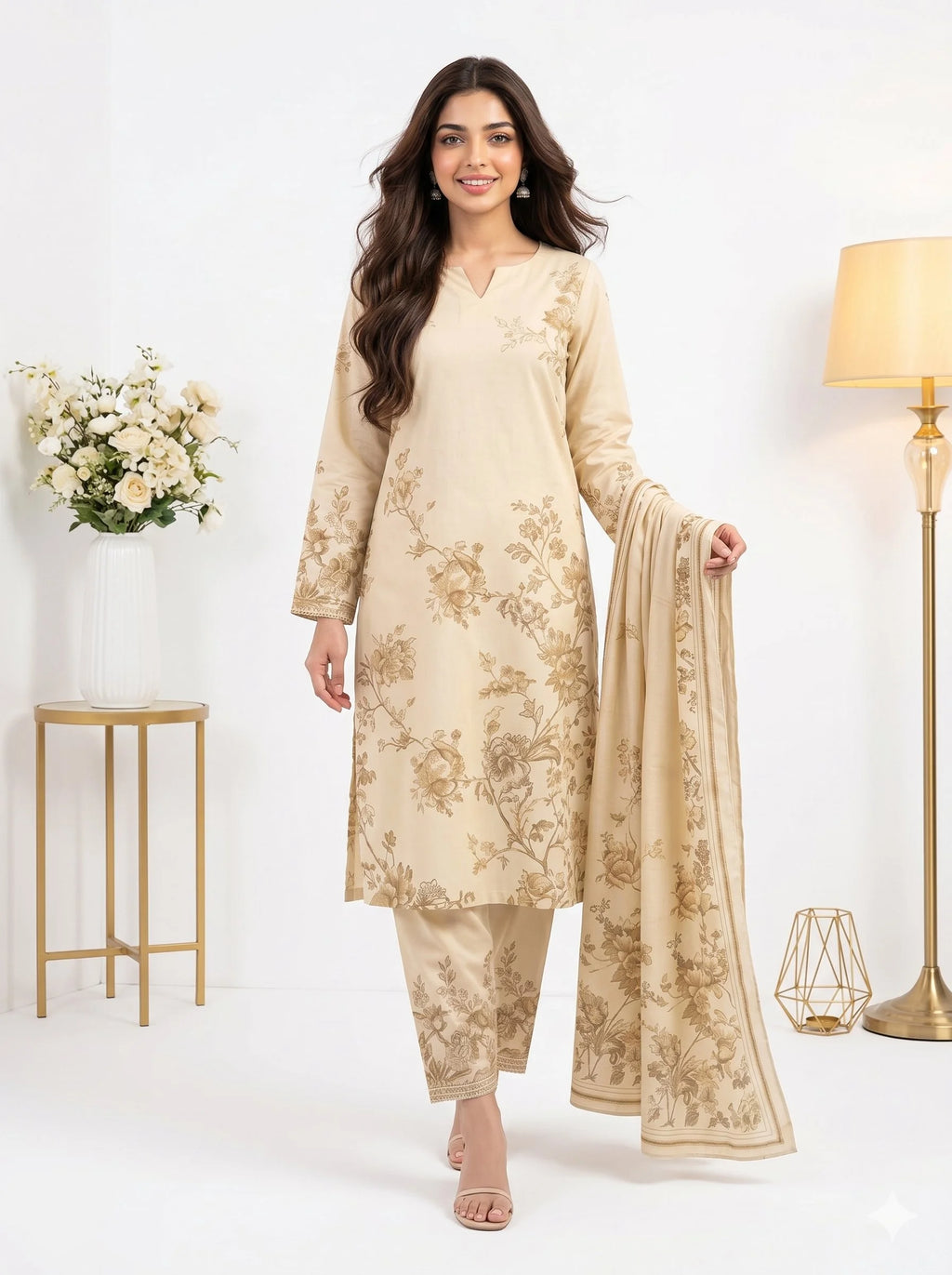 Woman wearing a beige floral outfit with a matching dupatta on a white background