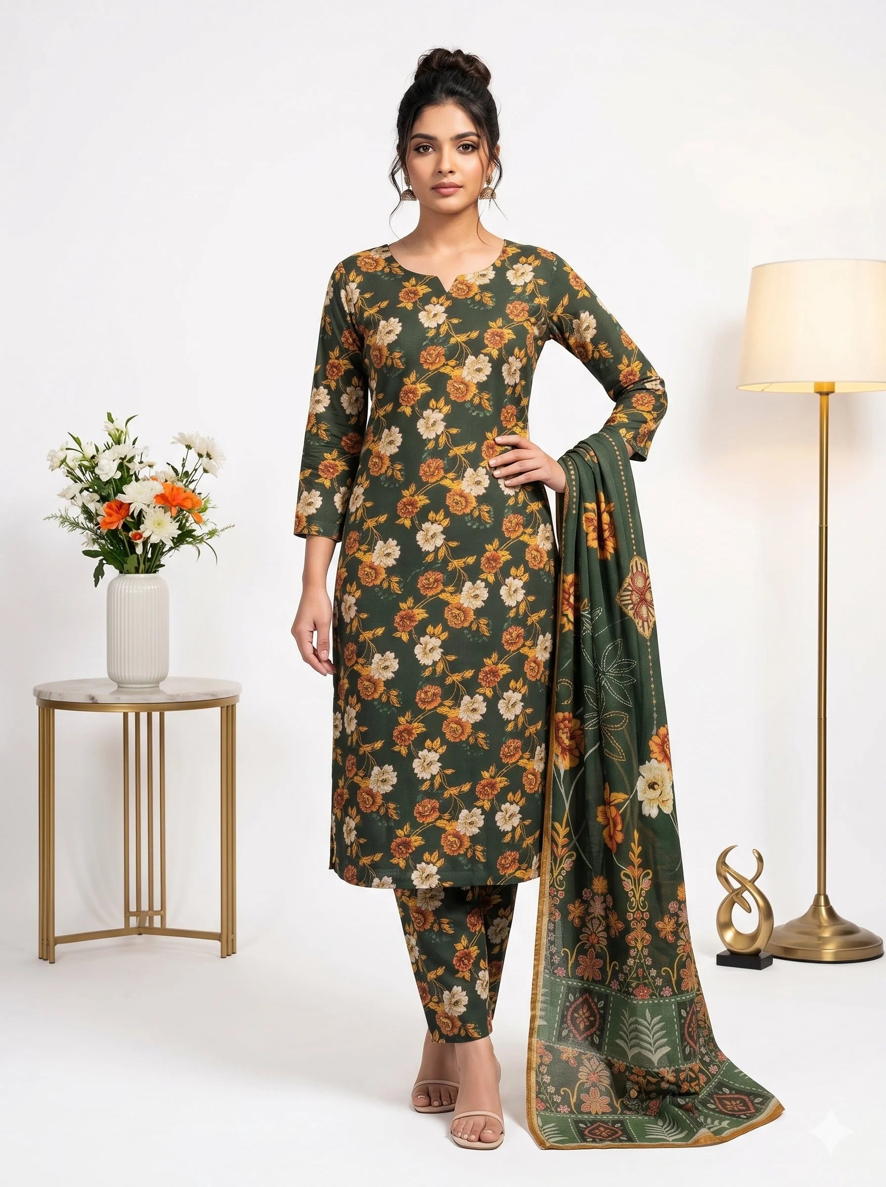 Woman wearing a green floral dress with a matching dupatta in a minimalistic setting.